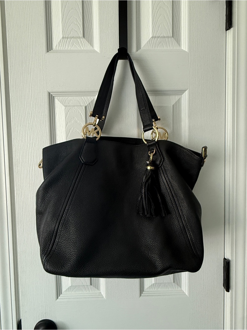 Michael Kors Black Leather Tote with Gold Accents and Tassel